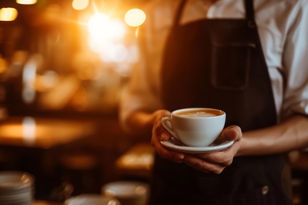 Kellner hält eine Tasse Kaffee in einem Café mit Morgenlicht