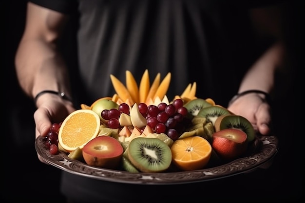 Foto kellner hält einen obstteller mit orangen-apfel-trauben-bananen-ananas-scheiben