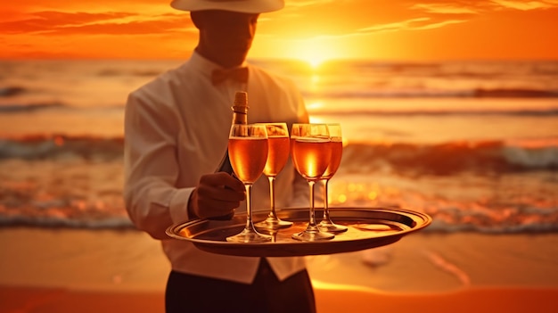Kellner serviert Champagner auf einem Tablett, Sommersonne am Strand