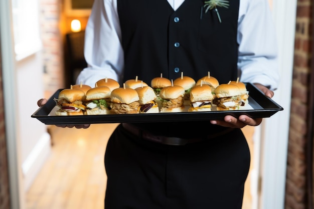 Kellner trägt ein Tablett mit BBQ-Sliders bei einer Gastronomieveranstaltung