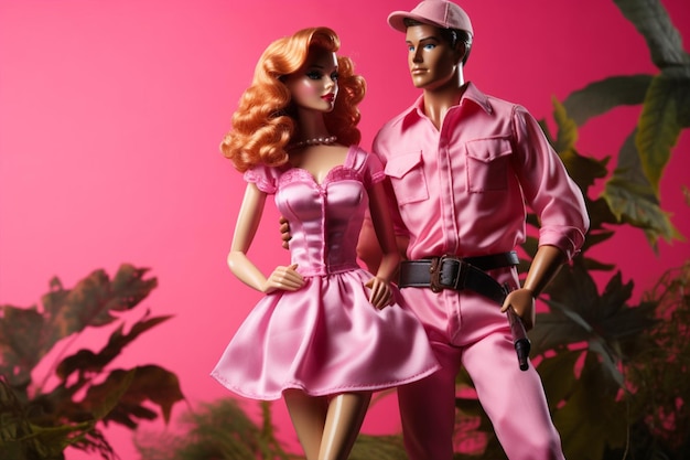 Ken e Barbie vestindo roupa rosa