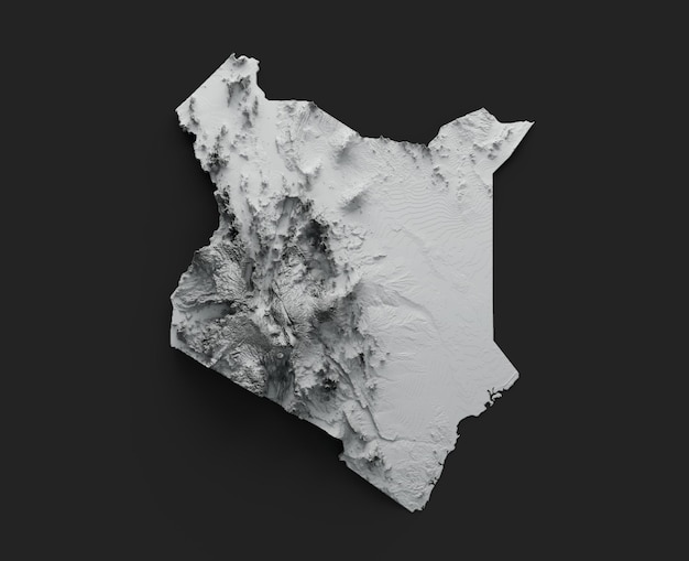 Kenia Mapa blanco Relieve sombreado Mapa de altura de color sobre fondo negro Ilustración 3d