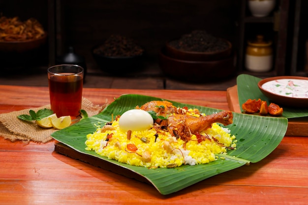 Kerala Chicken biryani arranjado tradicionalmente em folha de bananeira e raita como acompanhamento