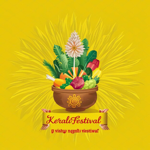 Kerala-Festival mit Vishu Kani Vishu Blumen Früchte und Gemüse in einem Gefäß