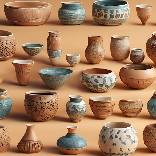 Keramikbehälter, die mit komplizierten Mustern und Texturen geschmückt sind