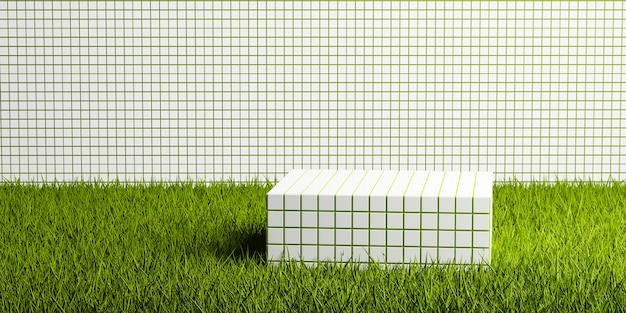 Keramikfliesen stehen auf grünem Gras, um die 3D-Darstellung von Kosmetikprodukten zu zeigen