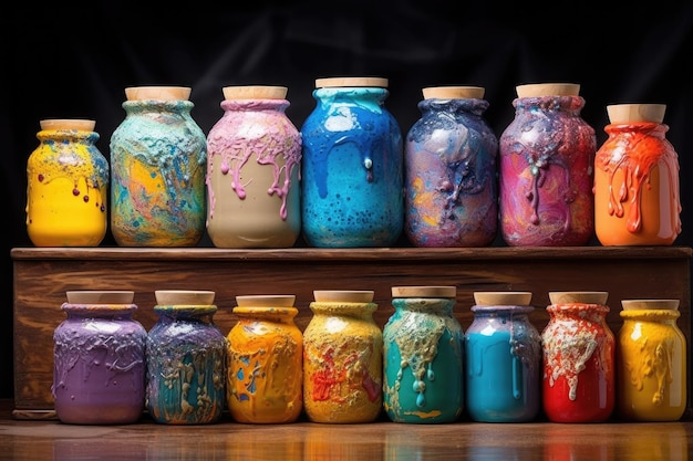 Keramikglasuren und Farben in bunten Gläsern