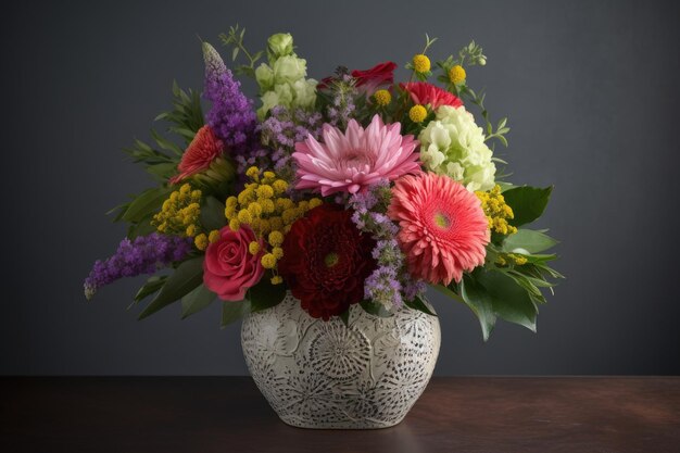 Keramikvase mit gemischtem Blumenarrangement, erstellt mit generativer Ai