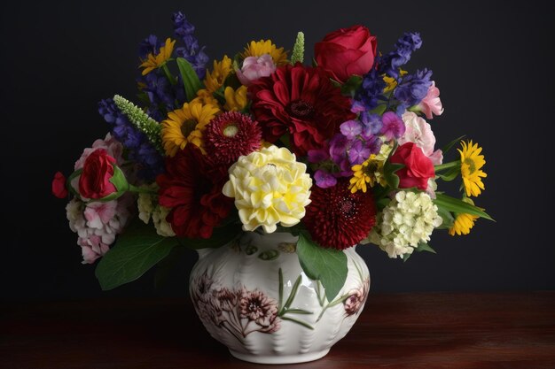 Keramikvase mit gemischtem Blumenarrangement, erstellt mit generativer KI