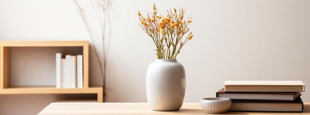 Keramikvase mit trockenem Gras auf dem Tisch und Schatten vor Sonnenlicht