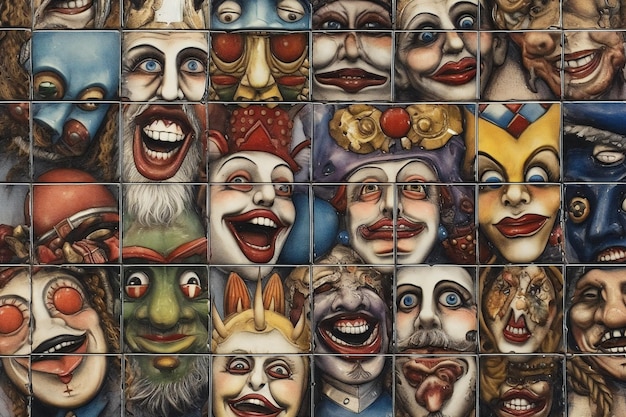 Keramikwand mit bunten Gesichtern von Clowns in Lissabon, Portugal