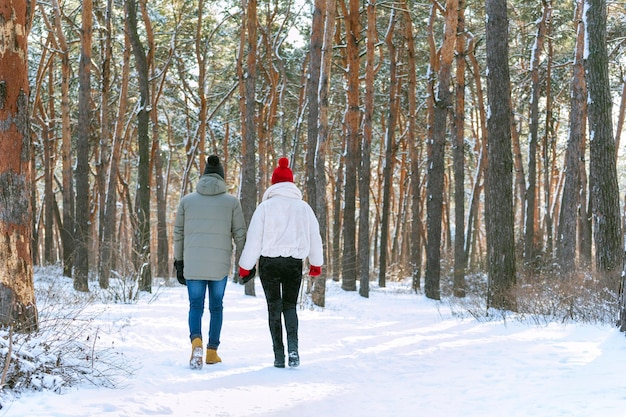 Kerl und Mädchen halten sich an den Händen und gehen im verschneiten Park Rückansicht Draußen im sonnigen Winterwald