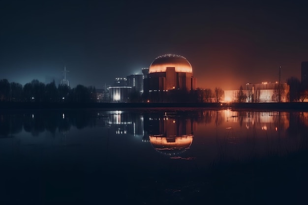 Kernkraftwerk an der Küste des Sees, Nachtfoto