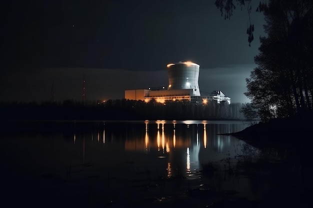 Kernkraftwerk an der Küste des Sees, Nachtfoto