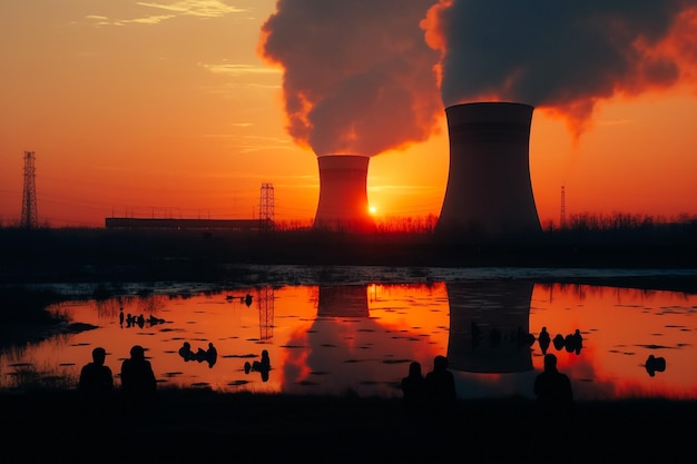 Foto kernkraftwerk bei sonnenuntergang