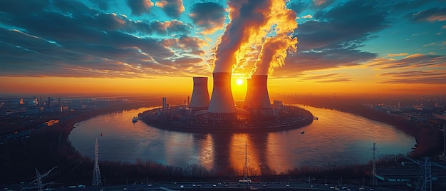 Kernkraftwerk gegen den Himmel am Fluss