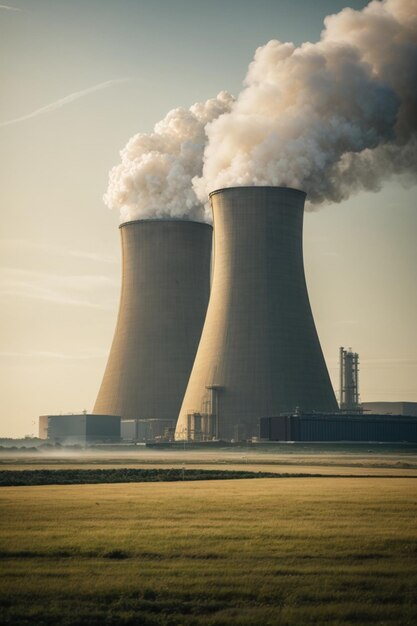 Foto kernkraftwerk mit türmen, die dampf aus dem prozess auslassen