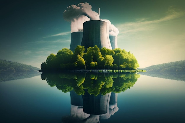 Kernkraftwerk sitzt auf einem Gewässer und erzeugt künstliche Intelligenz