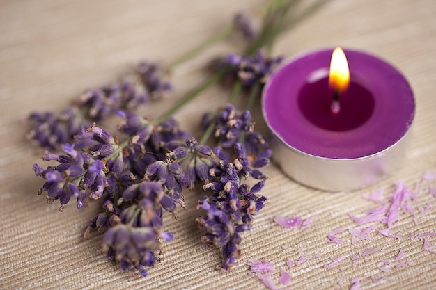 Kerze mit Flamme mit Lavendel