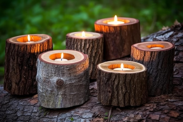 Kerzen auf einem Baumstamm im Wald