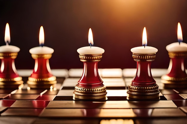 Kerzen auf einem Schachbrett bei eingeschaltetem Licht