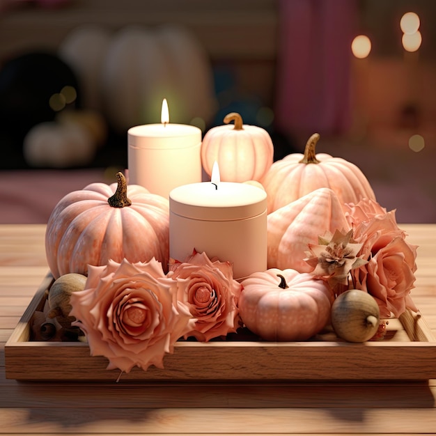 Kerzen, Blumen und Kürbisse auf einem Holztablett, das auf einem Tisch mit Lichtern im Hintergrund sitzt
