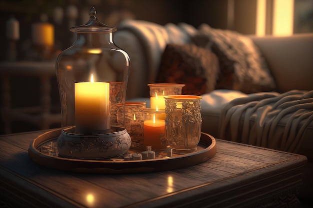 Kerzen flackern auf dem Couchtisch und verbreiten ein warmes und gemütliches Licht im Raum