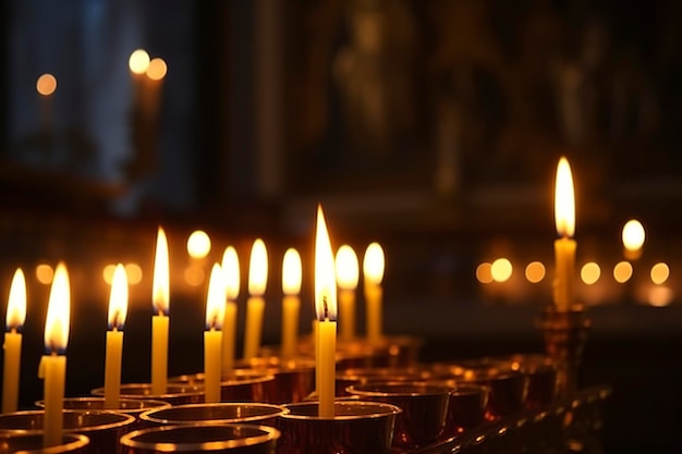 Kerzen im Hintergrund einer christlich-orthodoxen Kirche Flamme von Kerzen im dunklen heiligen Inneren des Tempels erzeugen ai
