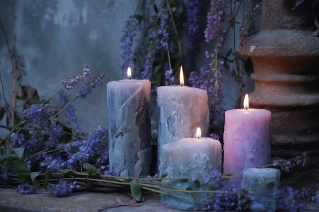 Kerzen in einer Reihe mit Lavendel im Hintergrund