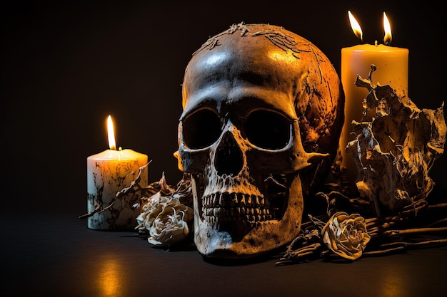 Kerzen in Flammen und ein Totenkopf vor dunklem Hintergrund