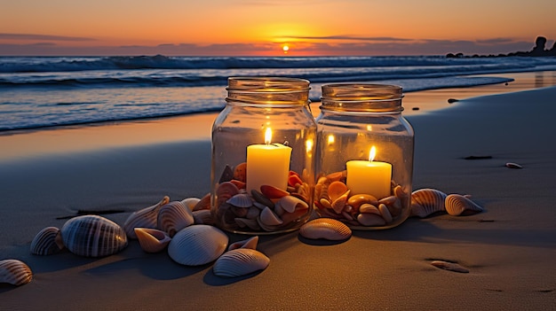 Kerzen in Maurerkrügen am Strand mit Muscheln und Muscheln