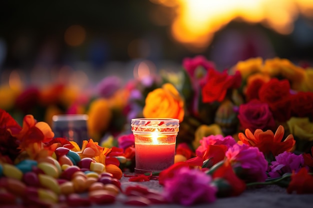 Kerzen mit Blumen zur Dekoration am Tag der Toten