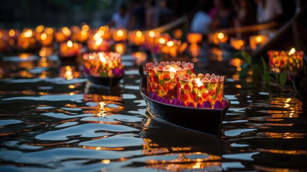 Kerzen schwimmen in einem Teich mit der Spiegelung der Sonne