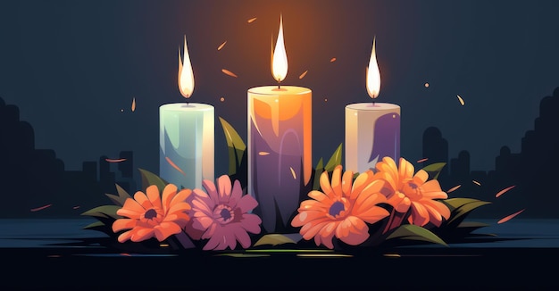 Kerzen und Blumen, die auf einen Grabstein gelegt werden, symbolisieren die Erinnerung an eine geschätzte Person, die abgebildet ist