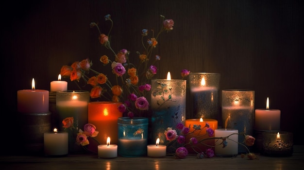Kerzen werden angezündet und von Blumen und anderen generativen Dekorationen umgeben