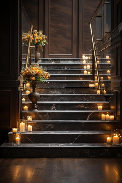 Kerzen werden auf den Stufen eines Gebäudes mit einer Vase mit generativen Blumen angezündet