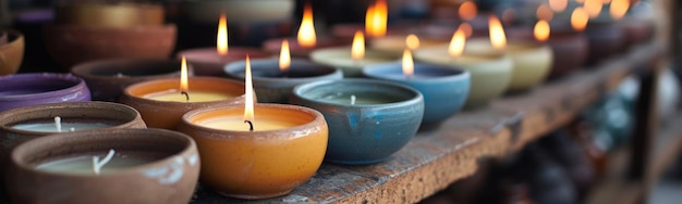 Kerzen werden auf einem Holztisch mit einer Pflanze im Hintergrund angezündet