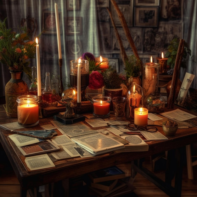 Kerzen werden auf einem Tisch mit Büchern und Bildern angezündet
