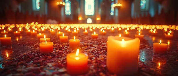 Kerzen werden in einer Kirche mit Blütenblättern und Kerzen angezündet