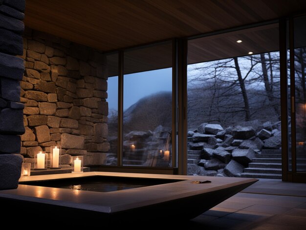 Kerzen werden in einer steinernen Badewanne vor einem Fenster angezündet.