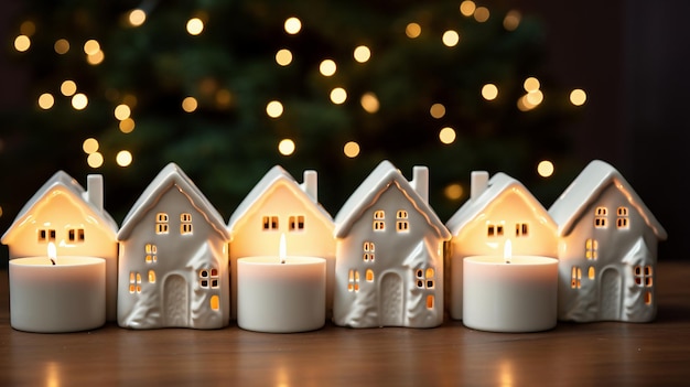 Kerzenhalter formen Häuser mit Kerzen. Gemütliche Wohndekorationen für die Weihnachtsfeiertage AI Generative