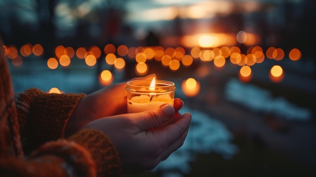 Kerzenlicht in den Händen einer Frau während eines ruhigen Abends im Freien