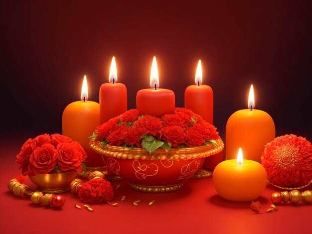 Kerzenlicht mit rotem Hintergrund für das Diwali-Festival Arrangement Ai generiert Bild
