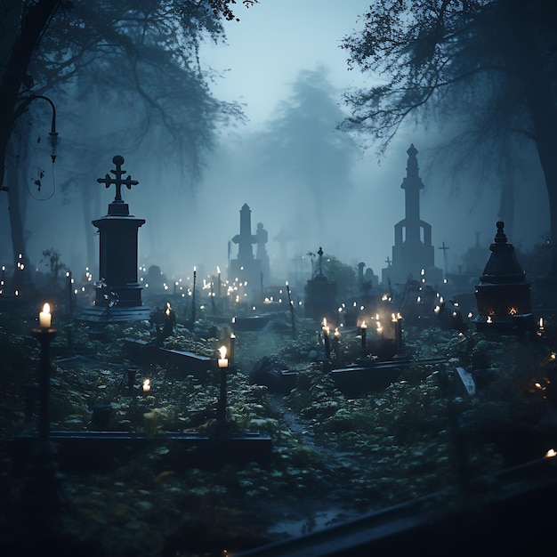 Kerzentag Kerzenlicht durch einen nebligen Friedhof Unheimliche Atmosphäre Feiertagskonzept-Bannerposter