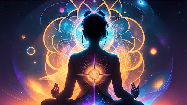 Kesa túnica posición de meditación de loto silueta mujer con contornos de luces de neón flotando imagen media sombras fuertes dos círculos fondo de nebulosa AI Generativex9