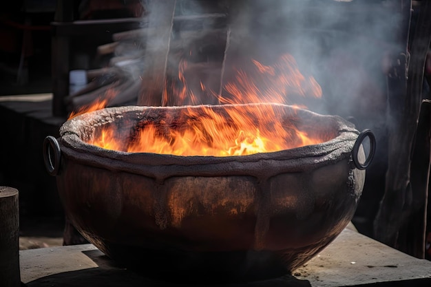 Kessel aus geschmolzenem Metall mit Rauch, der aus den Flammen aufsteigt