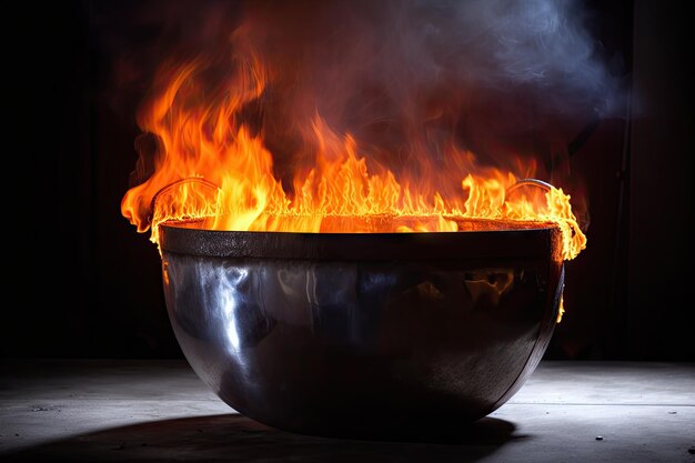 Kessel aus geschmolzenem Metall mit Rauch, der aus den Flammen aufsteigt