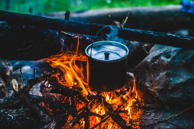 Kessel in Ruß hängt über Feuer. Kochen am Feuer in freier Wildbahn. Schöne Brennhölzer brennen in Lagerfeuer-Nahaufnahme. Überleben in wilder Natur. Wunderbare Flamme mit Kessel. Topf hängt in Lagerfeuerflammen.