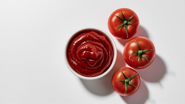 Ketchup en cuenco y tomates frescos aislados en blanco