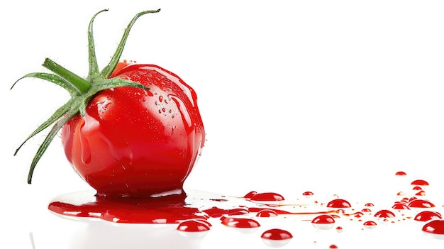 El ketchup fluye de un tomate fresco Composición conceptual de un Tomate sobre un fondo blanco